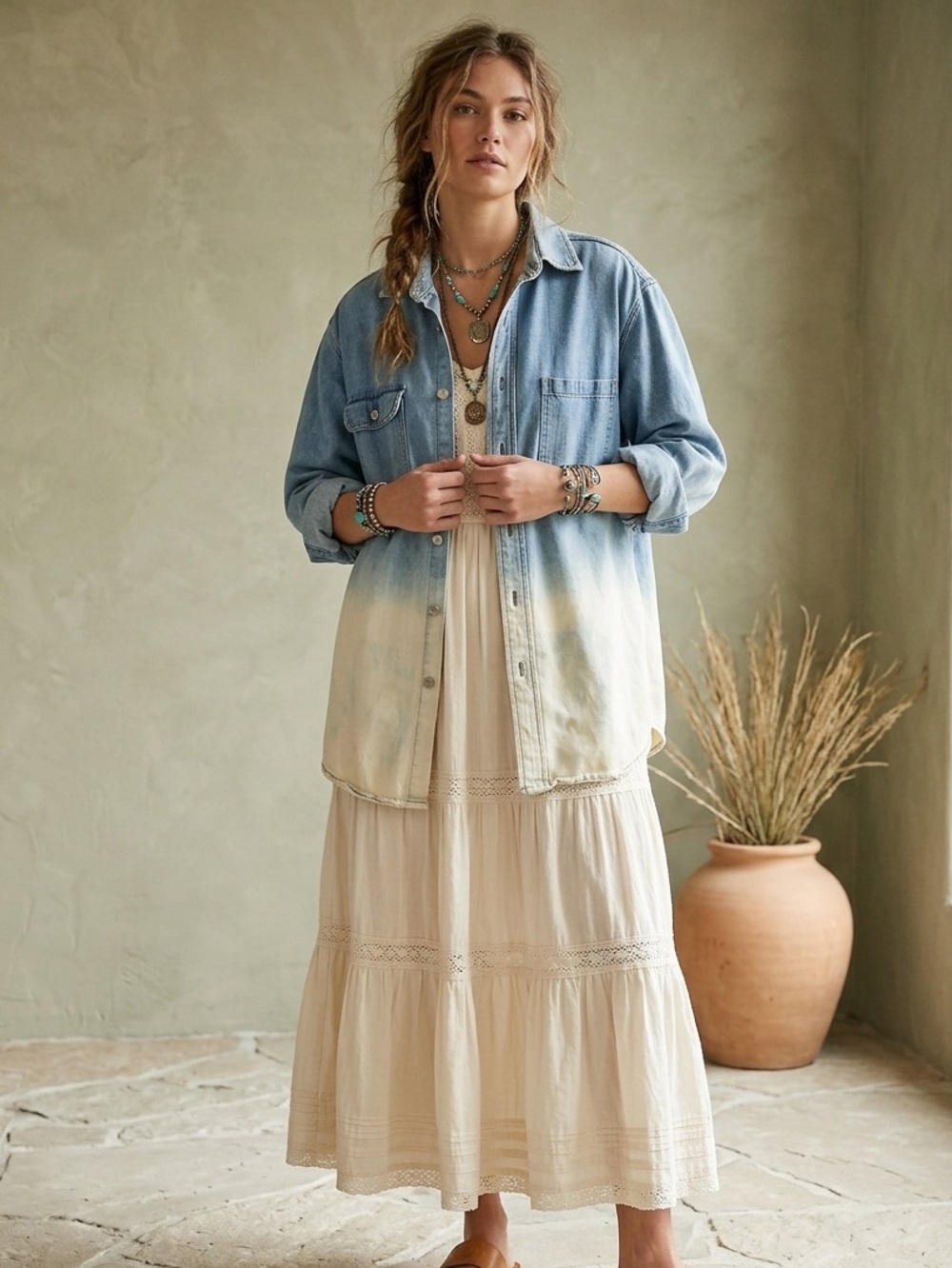 Bleach dipped Light Wash Ombre Denim Shirt Jacket Shacket